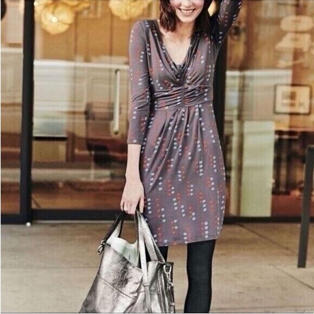 Boden Marion Tunic Dress gray red Trailing Dots jersey 3/4 sleeves gathered